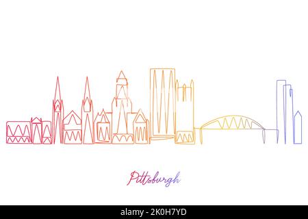 Disegno continuo a linea singola di Pittsburg Pennsylvania USA. Linea semplice colorata in sfumatura Design di stile disegnato a mano per viaggi e destinazioni Illustrazione Vettoriale