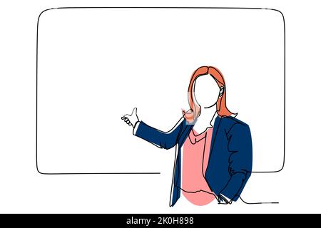 Semplice disegno continuo colorato di una linea di una insegnante di donna che insegna davanti alla lavagna. Illustrazione vettoriale disegno disegnato a mano per l'istruzione Illustrazione Vettoriale