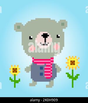 Pixel 8 bit orso carino con fiori. Le risorse di gioco degli animali nell'illustrazione vettoriale. Illustrazione Vettoriale