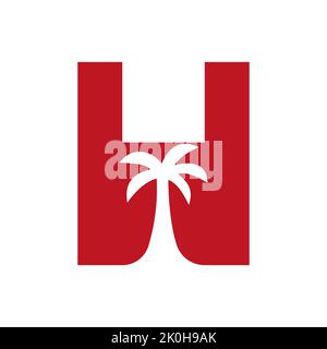 Lettera H Palm Tree Logo Design Concept per Travel Beach Landscape icona modello vettoriale Illustrazione Vettoriale