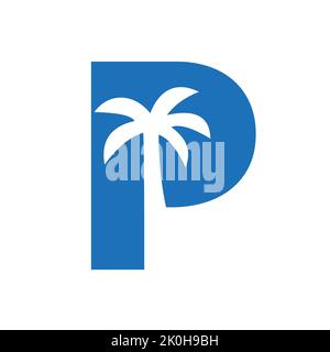Lettera P Palm Tree Logo Design Concept per Travel Beach Landscape icona modello vettoriale Illustrazione Vettoriale