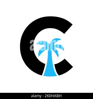 Lettera C Palm Tree Logo Design Concept per Travel Beach Landscape icona modello vettoriale Illustrazione Vettoriale