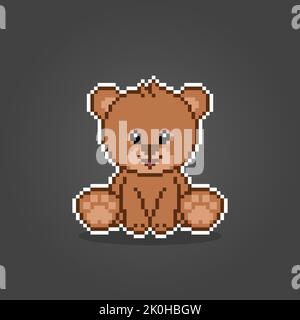 Pixel 8 bit marrone orso seduto. Le risorse di gioco degli animali nell'illustrazione vettoriale. Illustrazione Vettoriale