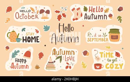 Set di adesivi vettoriali autunnali disegnati a mano. Un set di adesivi con uno slogan scritto a mano della stagione autunnale. Frasi autunnali con carino di elementi di design. Illustrazione Vettoriale