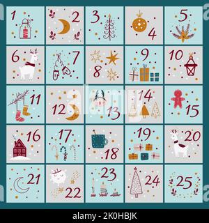 Calendario dell'Avvento con elementi natalizi. Illustrazione vettoriale in stile piatto Illustrazione Vettoriale