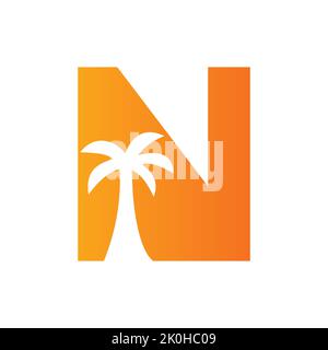 Lettera N Palm Tree Logo Design Concept per Travel Beach Landscape icona modello vettoriale Illustrazione Vettoriale