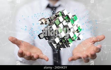 Un concetto di analisi attuabile che connette le persone su Internet - cubo mobile Foto Stock