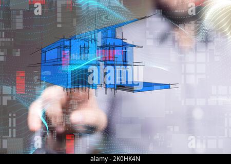 Un uomo su uno sfondo sfocato che tocca un disegno illustrativo 3D reso casa, concetto di intelligenza artificiale Foto Stock