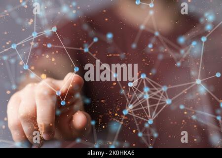 Un rendering 3D di un gruppo di tecnologie Abstract e di una connessione di social network su uno sfondo sfocato Foto Stock