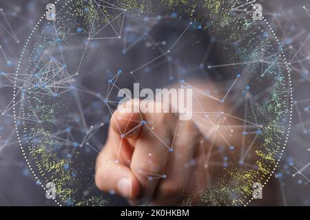 Un rendering 3D di un gruppo di tecnologie Abstract e di una connessione di social network su uno sfondo sfocato Foto Stock