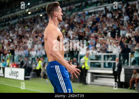 Arkadiusz Milik della Juventus FC festeggia dopo un gol durante la Serie A italiana, partita di calcio tra Juventus FC e noi Salernitana, il 1 settembre Foto Stock