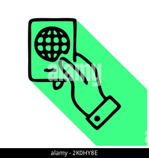 Icona a linea piatta con il passaporto in mano. Segnale di identificazione. Logo lineare sottile per servizi finanziari, controllo documenti, illustrazione vettore di viaggio Foto Stock