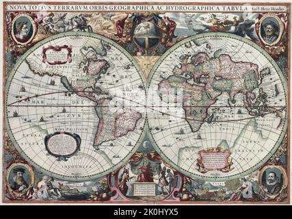 Una delle più famose e ornatemente dettagliate carte del mondo del XVII secolo. La mappa decorativa del mondo di Henricus Hondius, pubblicata per la prima volta negli anni '1630 Foto Stock