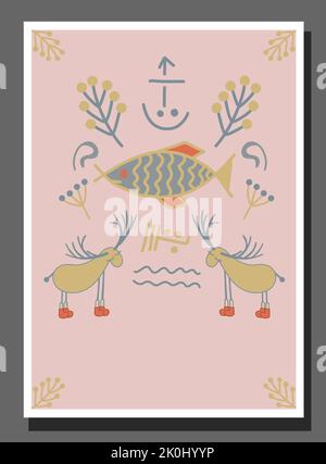 Poster per una camera per bambini in stile settentrionale. Foresta invernale scandinava. Fata foresta. Deer.Christmas Illustrazione Vettoriale