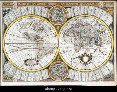 Rara Mappa del mondo Francese del diciassettesimo secolo con la California come un'isola. Esempio fine e colorato della seconda mappa del mondo di Melchior Tavernier, p Foto Stock