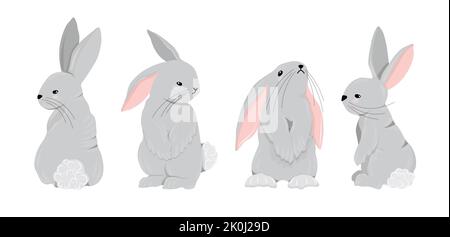 Conigli di Clipart o coniglietti. 2023 anni simbolo carino carattere. Isolato su un coniglio di fondo bianco in pose diverse. Illustrazione Vettoriale