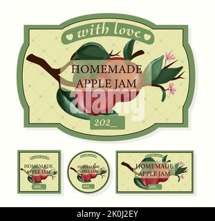 Etichetta per marmellata fatta in casa. Confezione di marmellata di mele. Mela vettoriale. Illustrazione Vettoriale