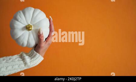 Primo piano donna mani bianco maglione tenendo figura ceramica zucca arancione sfondo, copia Space.decor concetto felice Halloween Celebration.Thanksgiving, Foto Stock