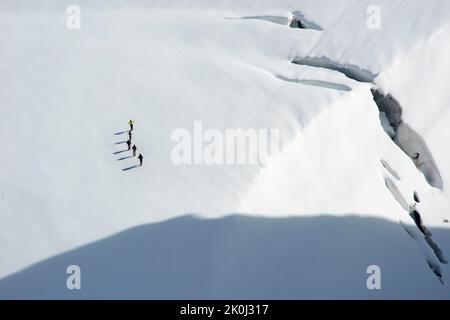 Un gruppo di escursionisti sul ghiacciaio dente del Gigante fotografato da Punta Helbronner, Valle d'Aosta, Italia, Europa Foto Stock