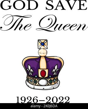 La morte delle regine. RIP, Dio salva la Regina. Riposa in un poster di pace con silhouette su sfondo bandiera. Illustrazione vettoriale per sua Maestà sui suoi 96 anni di servizio 1926 - 2022 Illustrazione Vettoriale
