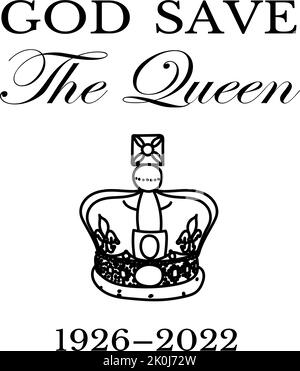 La morte delle regine. RIP, Dio salva la Regina. Riposa in un poster di pace con silhouette su sfondo bandiera. Illustrazione vettoriale per sua Maestà sui suoi 96 anni di servizio 1926 - 2022 Illustrazione Vettoriale
