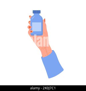 Femmina mano che tiene pillole bottiglia. Concetto di assistenza sanitaria. Donna bevande antidepressivi. Illustrazione vettoriale in stile cartoon piatto. Farmaco e. Illustrazione Vettoriale