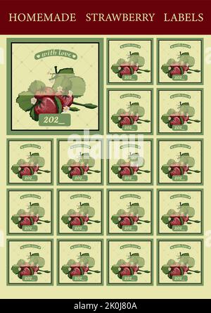 Etichetta per marmellata fatta in casa. Confezione di confettura di fragole. Fragola vettoriale. Illustrazione Vettoriale