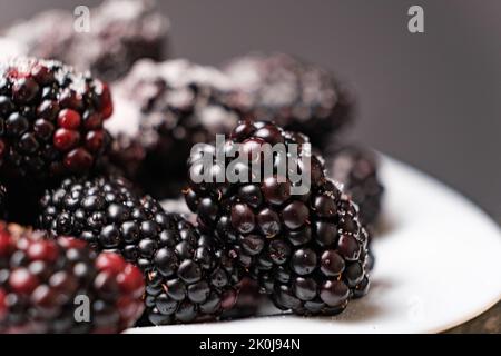 Bacche nere cosparse di zucchero in un piatto su sfondo nero, vista ravvicinata dal lato. Foto Stock