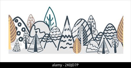 Il confine è demoniaco nello stile settentrionale. Foresta invernale scandinava. Fata foresta senza cuciture. Ribbon e arredamento tessile Illustrazione Vettoriale