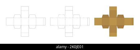Modello di scatola di carta quadrata a cubo, schema di taglio per creare il pacchetto, layout del modello geometrico aperto, illustrazione vettoriale su sfondo bianco. Illustrazione Vettoriale