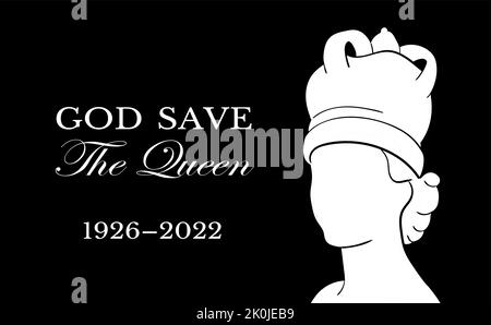 La morte delle regine. RIP, Dio salva la Regina. Riposa in un poster di pace con silhouette su sfondo bandiera. Illustrazione vettoriale per sua Maestà sui suoi 96 anni di servizio 1926 - 2022 Illustrazione Vettoriale