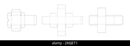 Set di modelli per confezione. Schema a linee tratteggiate di confezioni cartacee, layout del modello geometrico, sottili linee vettoriali nere su sfondo bianco. Illustrazione Vettoriale