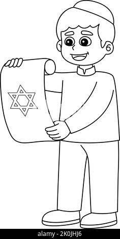 Hanukkah Ebraico con Scroll isolato coloring Page Illustrazione Vettoriale