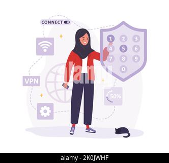 Connessione VPN. Donna araba che utilizza una rete privata virtuale. Sicurezza password. Controllo degli accessi protetto, protezione dei dati personali. Illustrazione vettoriale Illustrazione Vettoriale