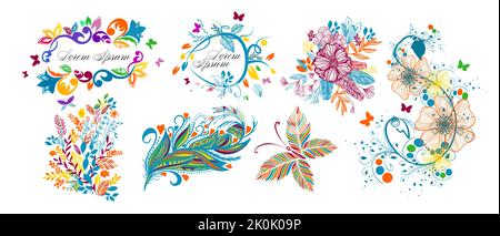 cornice grafica vintage multicolore. Set di cornici floreali e farfalle colorate e astrazioni. Illustrazione vettoriale Illustrazione Vettoriale