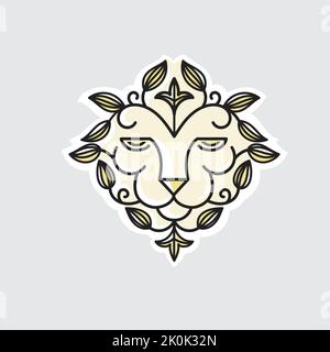Testa di leone astratta disegnata a mano con cornice floreale Illustrazione Vettoriale