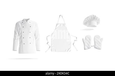 Giacca bianca cuoco, grembiule, cappello e mockup da forno, Foto Stock