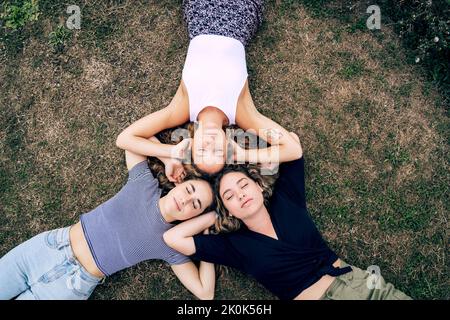 Dall'alto donne amichevoli che si collocano in cerchio con la testa sdraiata sull'erba e che si godono del tempo sul prato Foto Stock