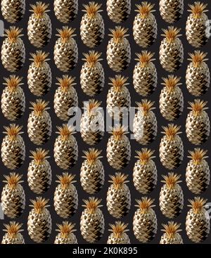 Un motivo senza cuciture di ananas in oro solido su uno sfondo isolato - rendering 3D Foto Stock