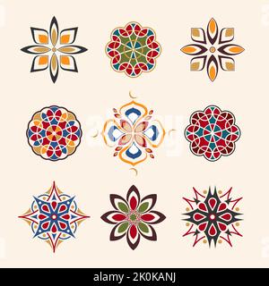 Set di modelli geometrici di logo. Simboli ornamentali vettoriali in stile arabo Illustrazione Vettoriale