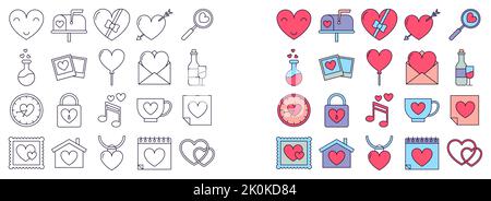 Una serie di icone del giorno di San Valentino. Set identico con e senza colori. Illustrazione Vettoriale