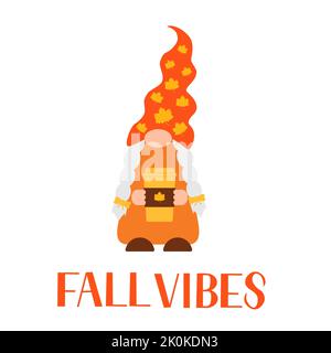 Autunno ragazza gnome. Le vibrazioni autunnali citano la scritta. Modello vettoriale per banner, poster, biglietti d'auguri, magliette, ecc. Illustrazione Vettoriale