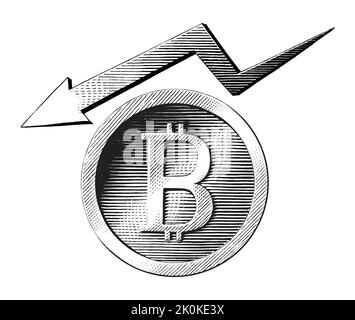 Simbolo Bitcoin con disegno a mano giù stile di incisione vintage Illustrazione Vettoriale
