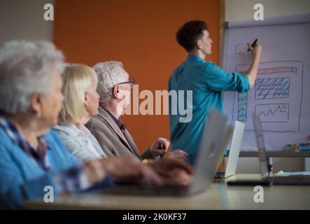 Gruppo senior con giovani istruttori che imparano insieme in classe informatica. Foto Stock