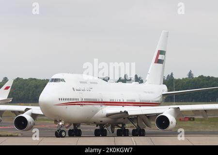 A6-HRM, Dubai Royal Air Wing, Boeing 747-400, partenza dall'aeroporto di Londra Stansted, Essex, Regno Unito il 10 settembre 2022 Foto Stock