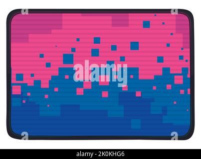 Modello con pulsante rettangolare e angoli arrotondati, con schermo decorato con punti come pixel ed effetto linee di scansione. Illustrazione Vettoriale