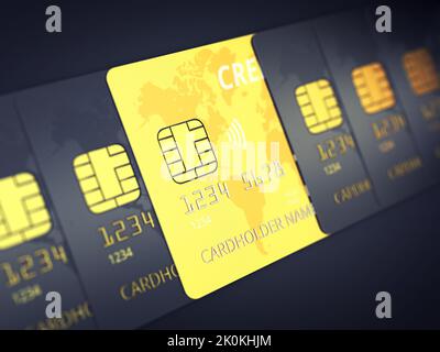 Carte di credito senza contatto in oro e nero su sfondo nero. Concetto di sicurezza dei pagamenti NFC wireless Foto Stock