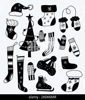 Decoro di Capodanno, albero di Natale, pattini, calze a maglia, guanti e cappello, Cappello di Santa e calza di Natale. Vettore mano disegnata doodles. Decorazione isolata Illustrazione Vettoriale