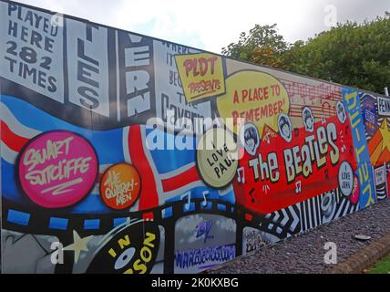 Penny Lane Beatles art wall, PLDT, Penny Lane Development Trust, 70 Penny Ln, Liverpool, Merseyside, Inghilterra, REGNO UNITO, L18 1BW Foto Stock