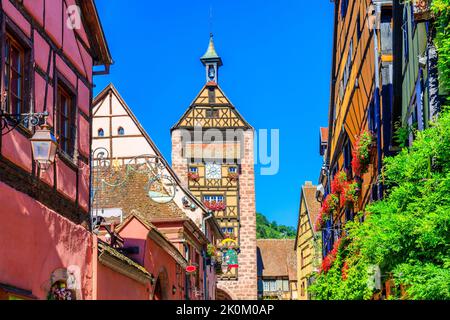 Riquewihr, Francia. Strada pittoresca con case tradizionali a graticcio sulla strada del vino Alsazia. Foto Stock